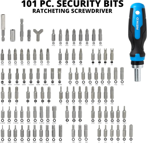 10082A Security Bit Set and Ratcheting Screwdriver | 101 Piece Set | Chrome Vanadium Steel | Screwdriver Bit Set Phillips, Tamperproof Torx Bits, & Flat | 1/4" Hex Shank Magnetic Bit Holder