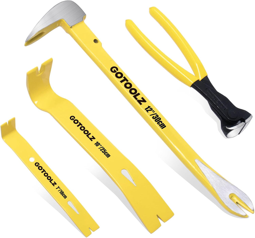Ultimate 4-Piece Pry Bar Set: 12-Inch Utility Claw, 10-Inch & 7.5-Inch Flat Pry Bars, and 8-Inch Nail Puller for Effortless Baseboard and Floor Nail Removal in Vibrant Yellow 2026