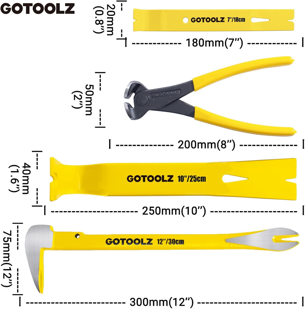 Ultimate 4-Piece Pry Bar Set: 12-Inch Utility Claw, 10-Inch & 7.5-Inch Flat Pry Bars, and 8-Inch Nail Puller for Effortless Baseboard and Floor Nail Removal in Vibrant Yellow 2026