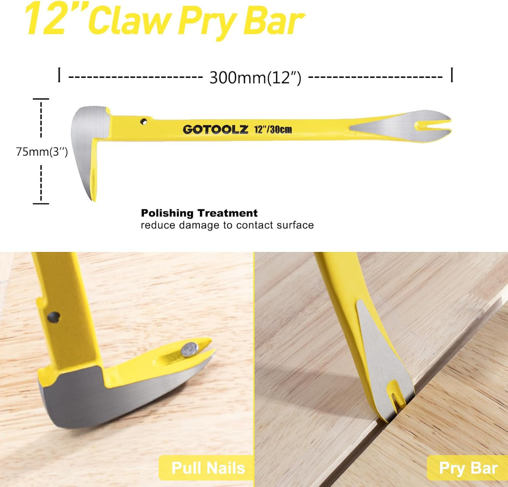Ultimate 4-Piece Pry Bar Set: 12-Inch Utility Claw, 10-Inch & 7.5-Inch Flat Pry Bars, and 8-Inch Nail Puller for Effortless Baseboard and Floor Nail Removal in Vibrant Yellow 2026